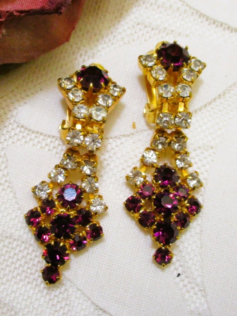 VINTAGE Hollywood Regency Rhinestone Dangle Drop Earrings • Gold Plate Statement
